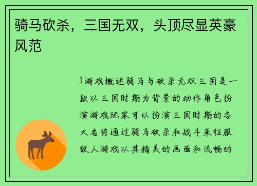 骑马砍杀，三国无双，头顶尽显英豪风范